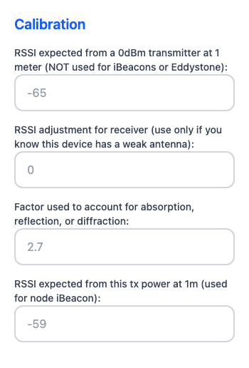 Calibration section of the ESPresense settings UI showing RSSI expected from a 0 dBm transmitter at 1 meter, Factor, and RSSI adjustment for receiver fields.